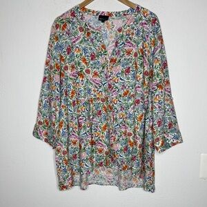 Jones New York Plus 3X Whimsical Floral Colorful Cottage Boho Linen Top
